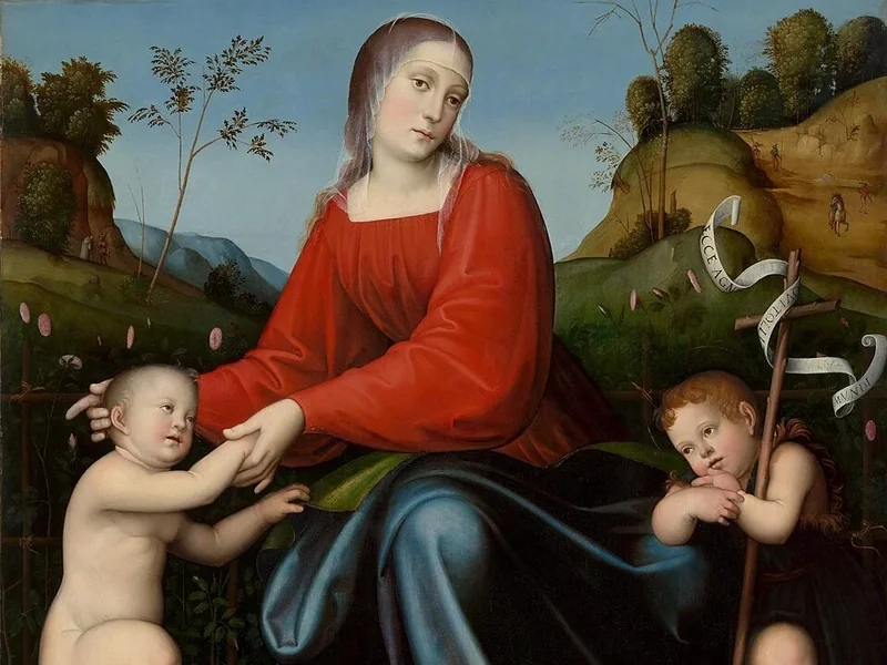 1487-Giulio Raibolini - Vergine con Bambino e il giovane San Giovanni in un roseto